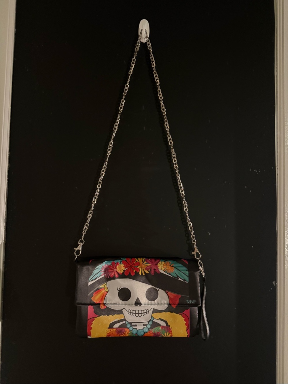 Black Floral Skull Crossbody Bag with Chain Strap